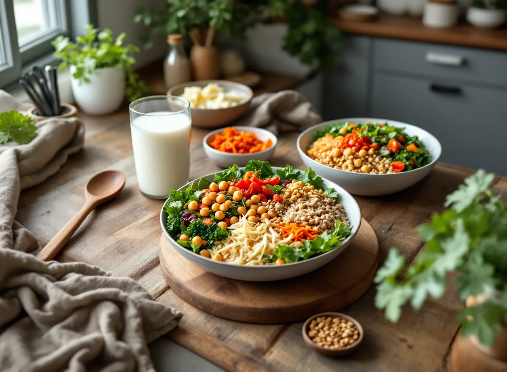 Healthy gut-friendly meal with fermented foods, greens, and whole grains on rustic kitchen counter.