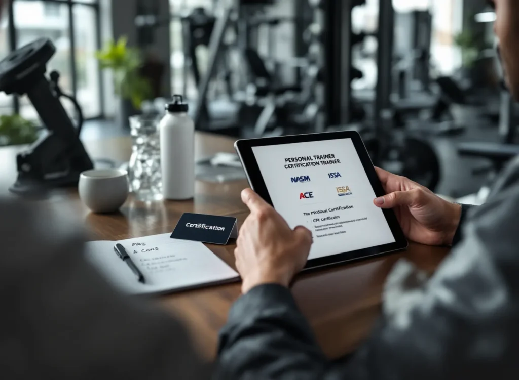 Aspiring personal trainer comparing certification for personal training programs in a professional gym setting.
