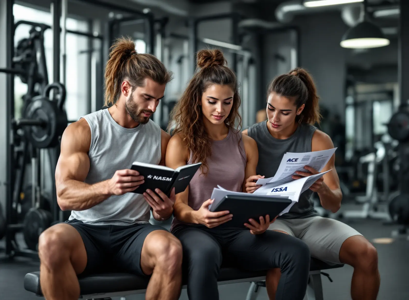 Aspiring trainers studying certification for personal training with branded exam prep materials in a gym.