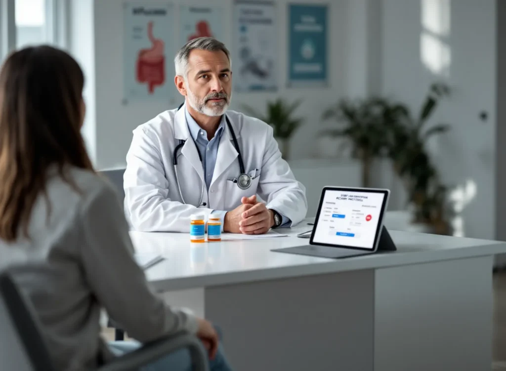 Doctor discussing SIBO treatment antibiotics with patient using Rifaximin, Neomycin, and a structured recovery plan.