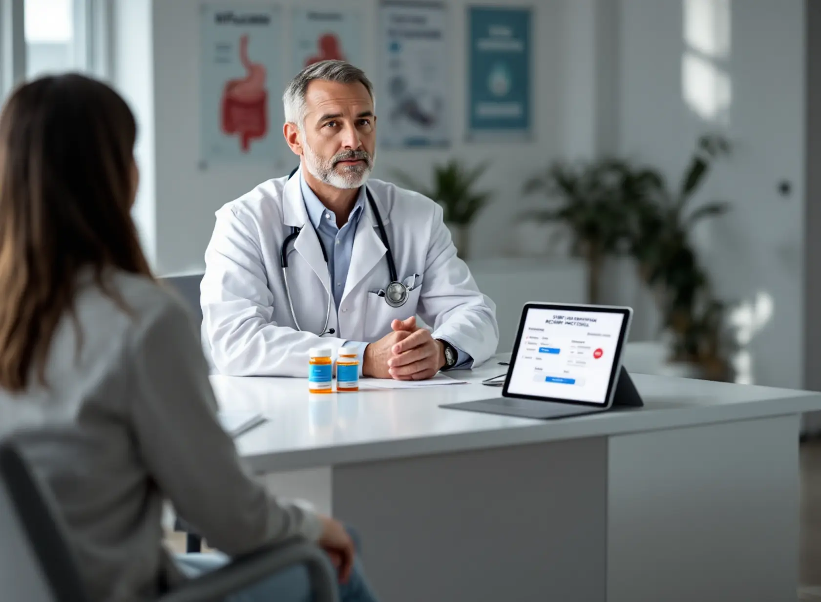 Doctor discussing SIBO treatment antibiotics with patient using Rifaximin, Neomycin, and a structured recovery plan.
