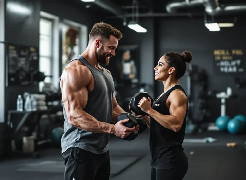 Certified personal trainer coaching client during strength session in Tacoma gym.