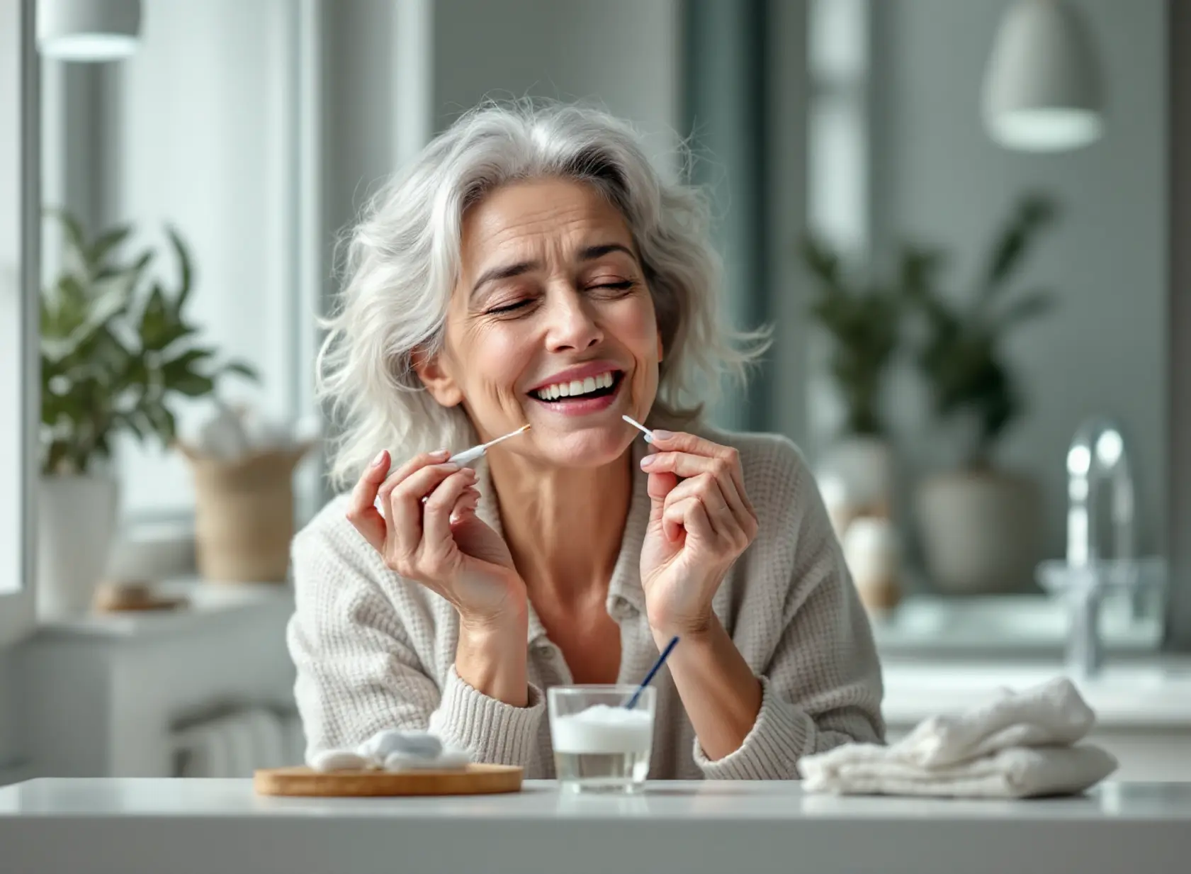 Woman applying clove oil to swollen gums using cotton swab for mouth gum pain relief in natural light.