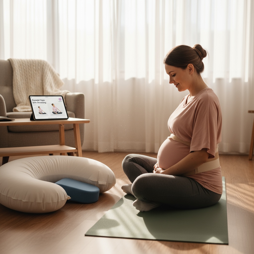 Pregnant woman using safe stretches and tools for relief for back pain when pregnant in cozy living room.