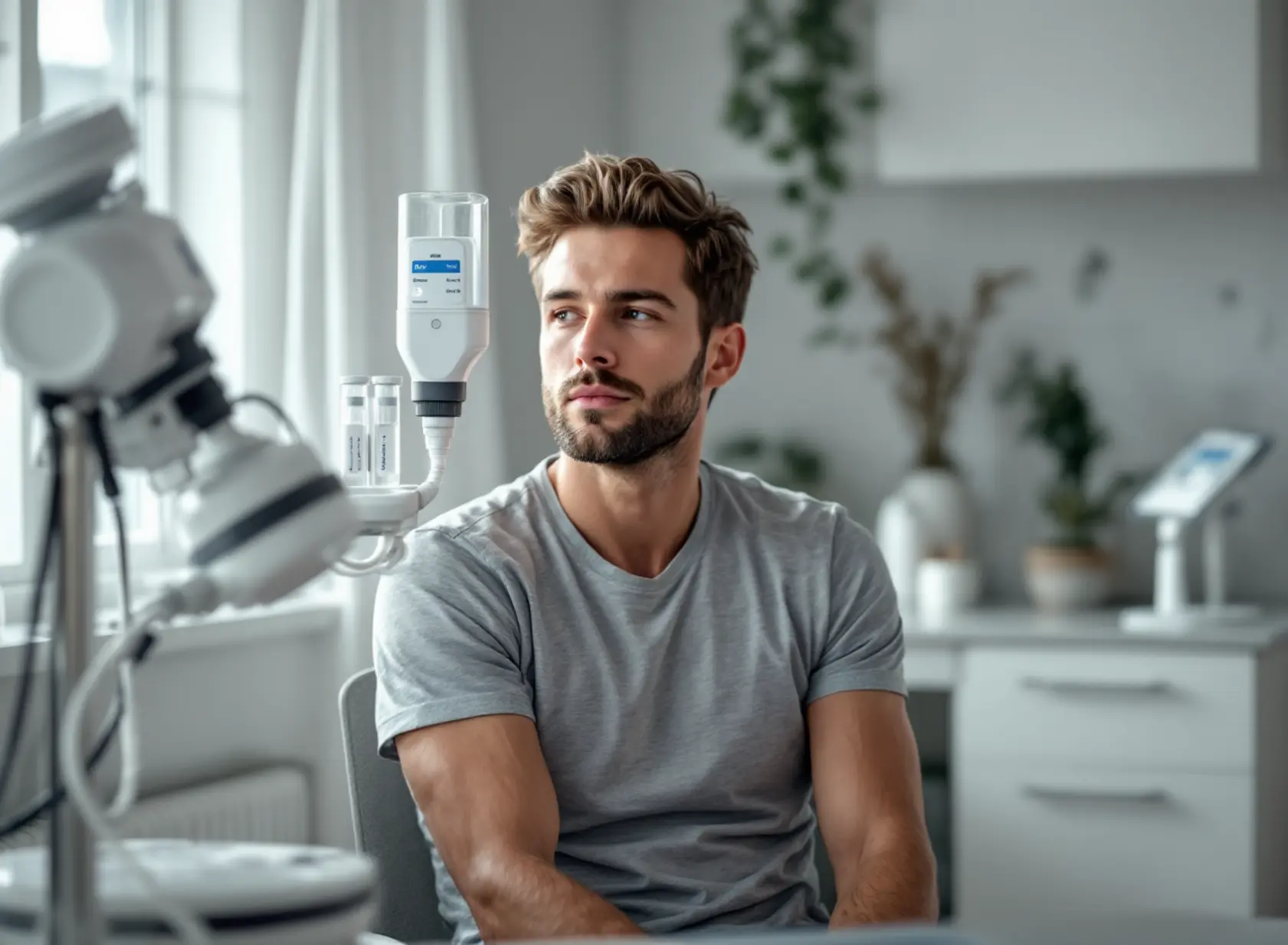 Person taking SIBO breath test with glucose and lactulose samples in clinical setting.