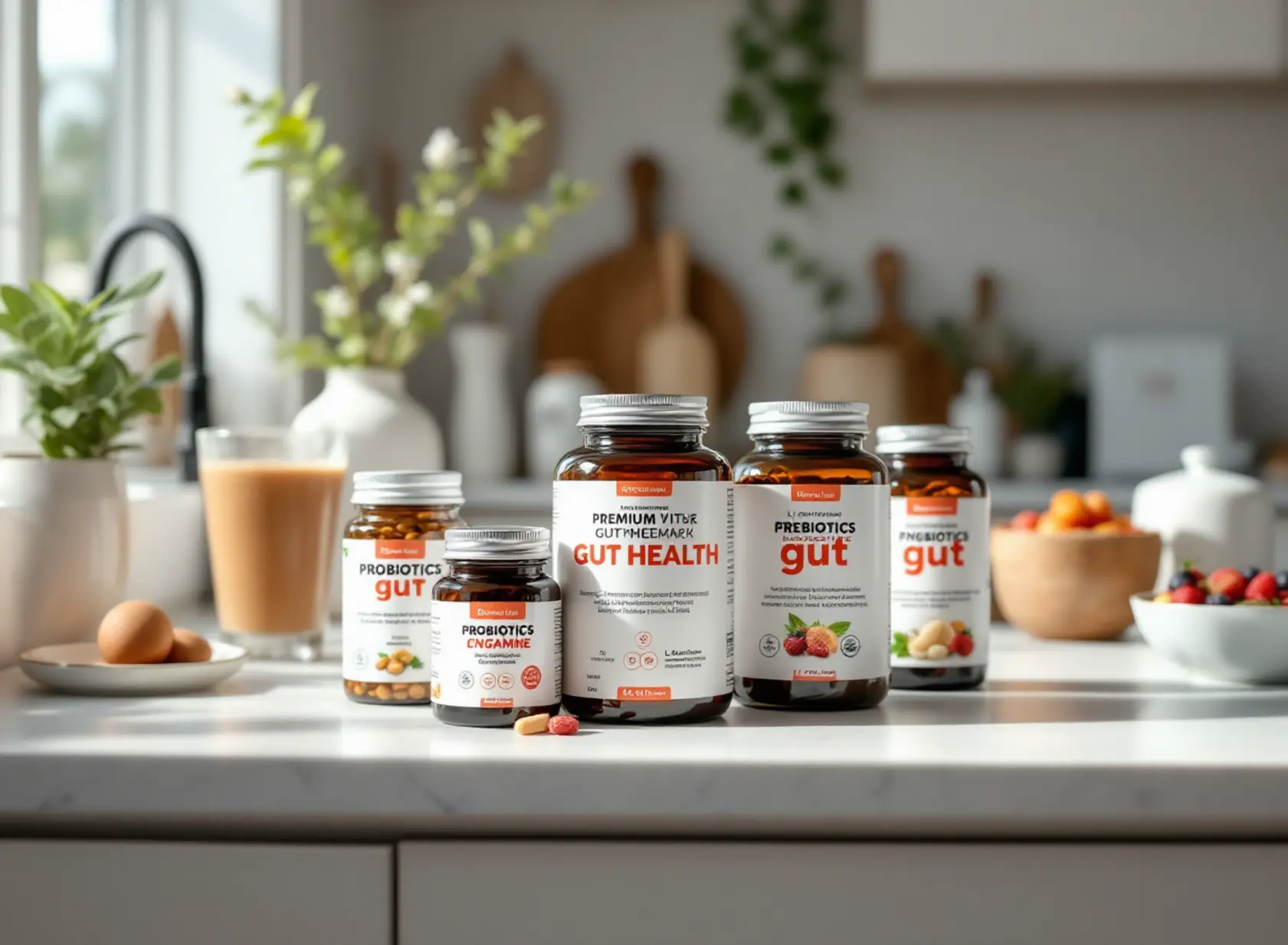 Selection of best gut health supplements on kitchen counter with probiotics, enzymes, and smoothie.