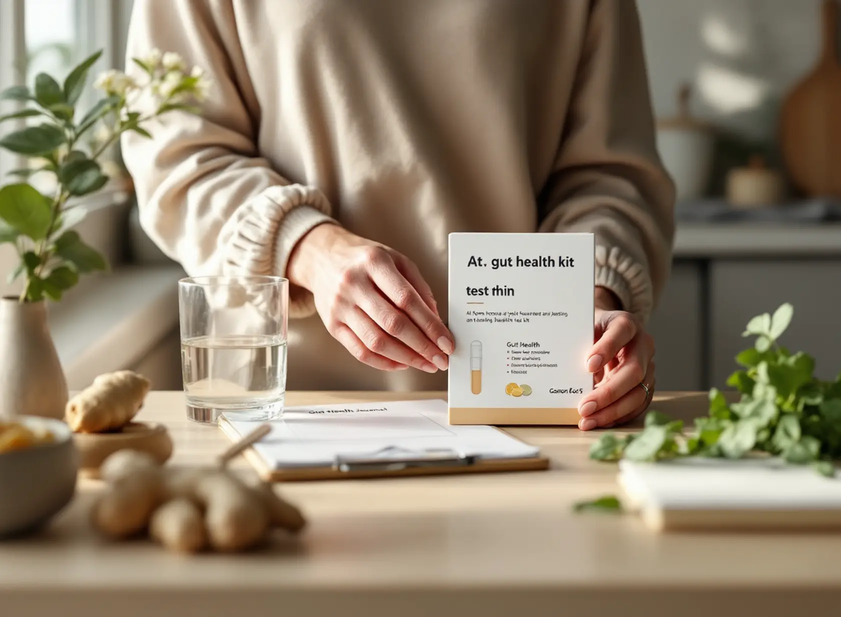 Person using an at-home test for gut health with natural foods and wellness journal on table.