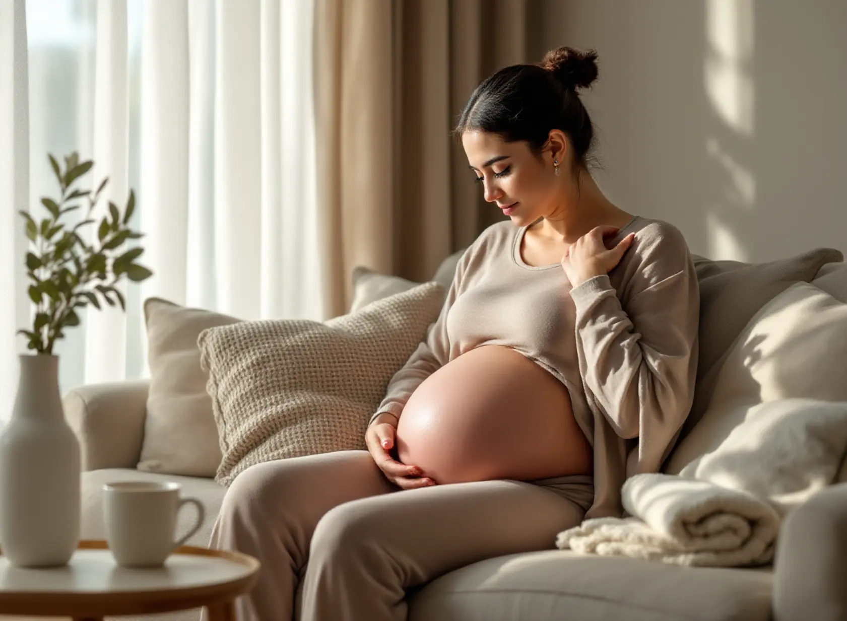 Pregnant woman gently stretching on sofa using safe pain relief methods during pregnancy.