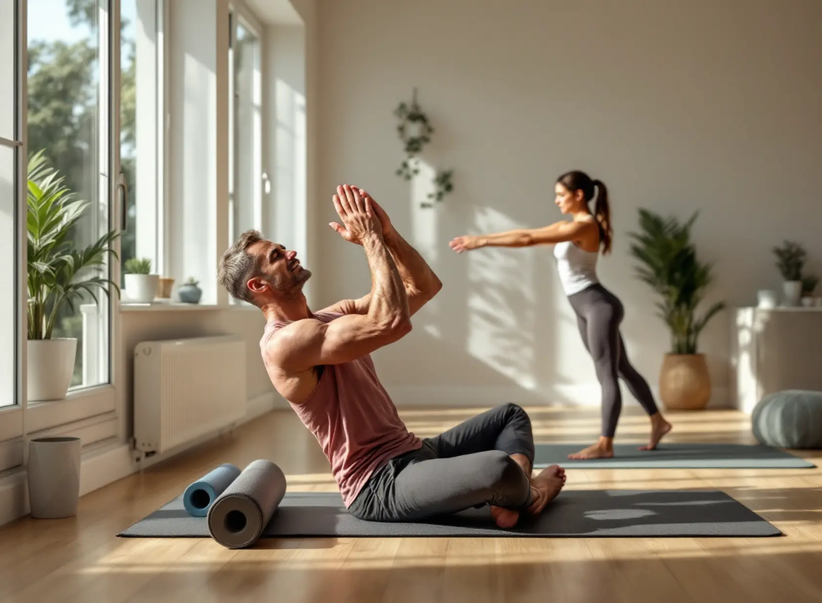Adults practicing gentle stretches for lower back pain relief in bright home studio.
