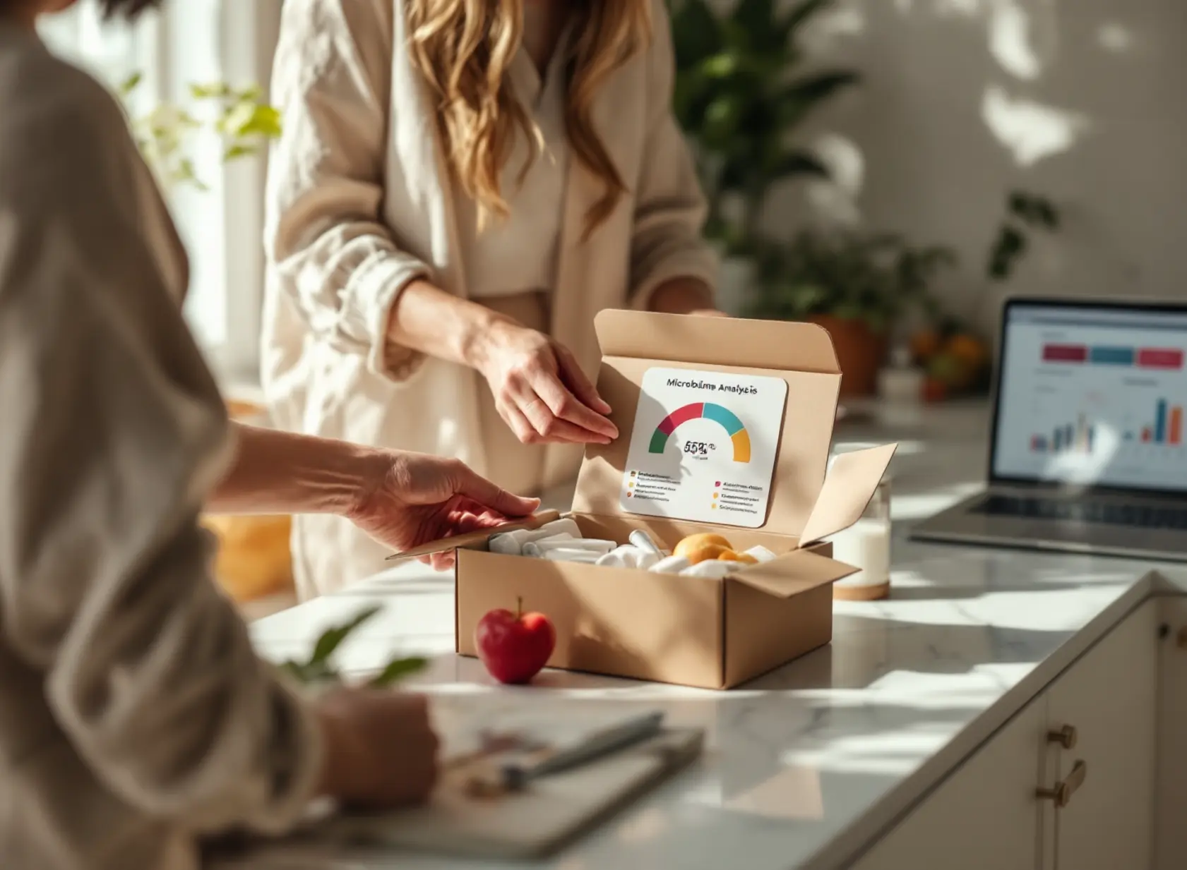 Woman opening at-home test for gut health kit on bright kitchen counter with fresh fruits and laptop nearby.