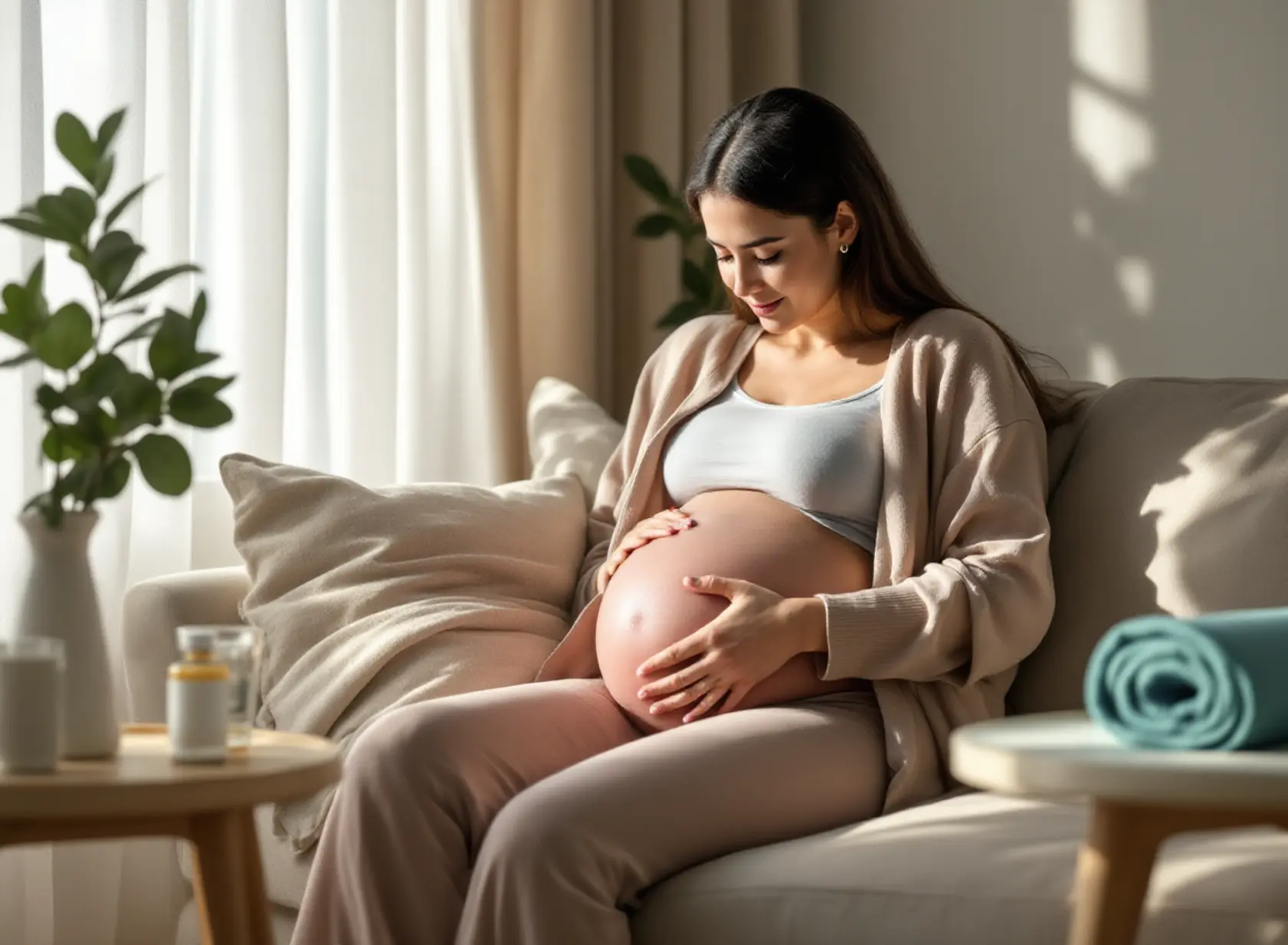 Pregnant woman using warm compress and acetaminophen for safe pain relief during pregnancy.