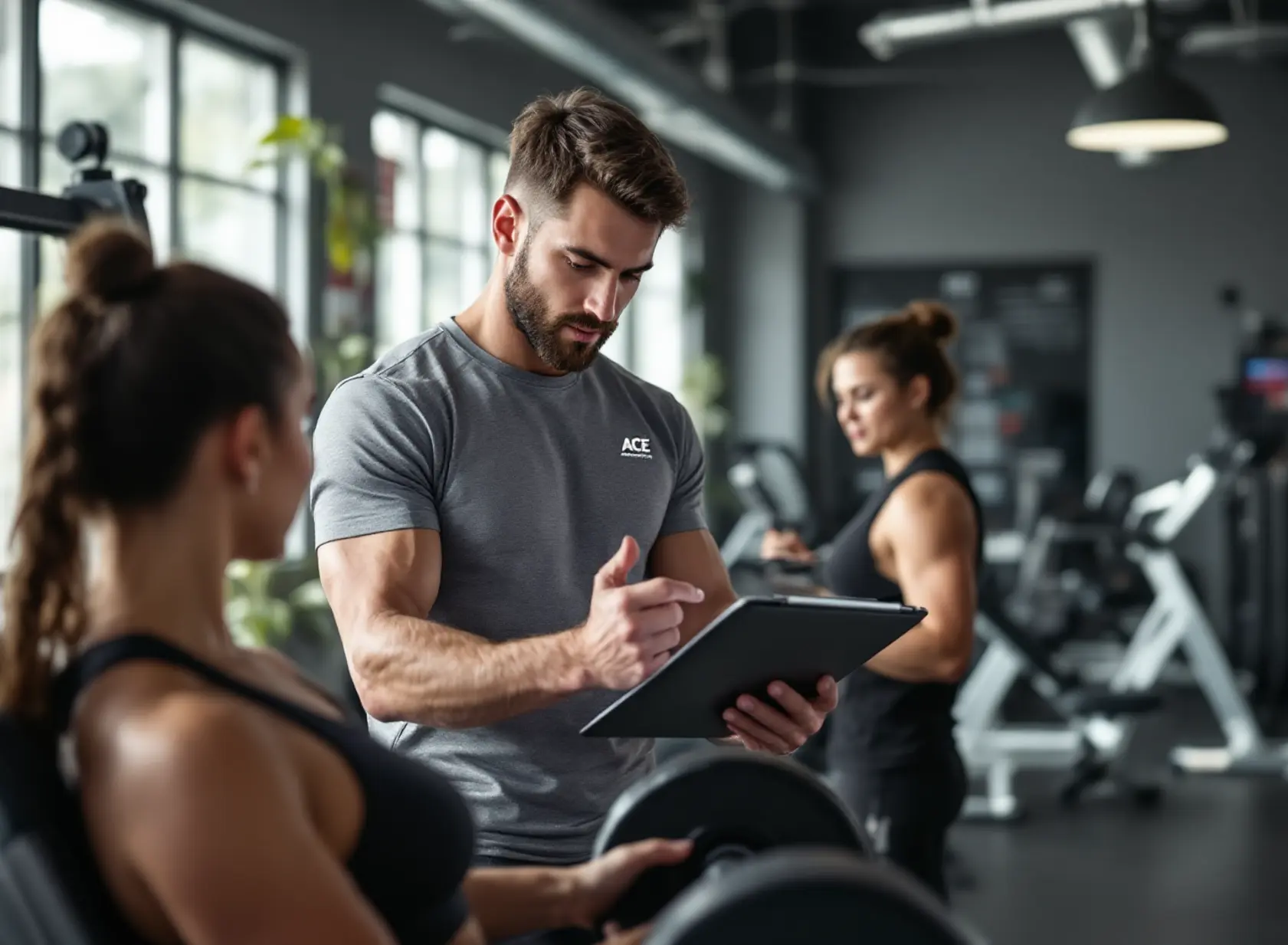Aspiring trainer studying ACE personal training materials while coaching client in modern gym.