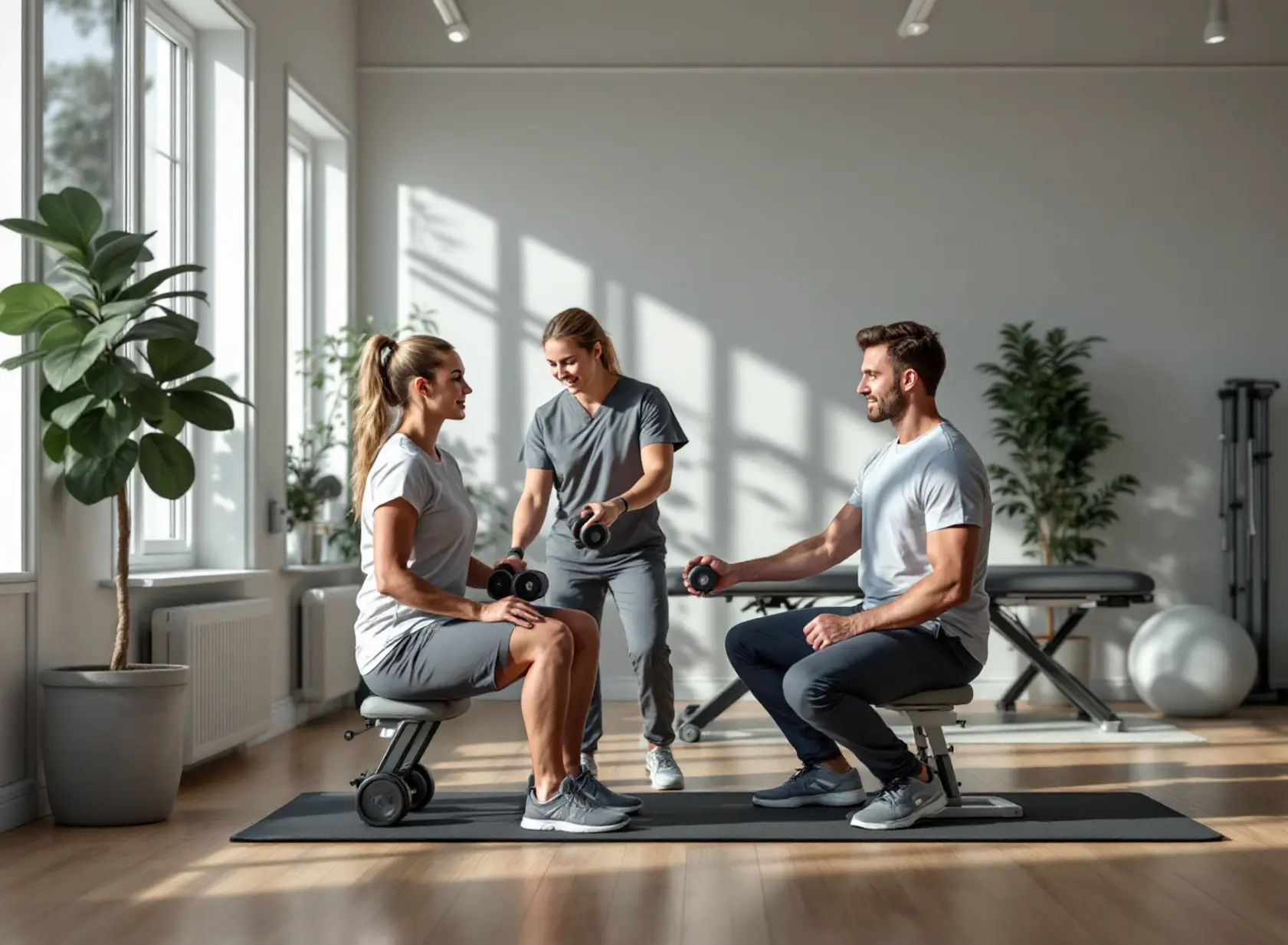 Personal trainer and physical therapist guiding clients in modern gym-therapy studio.